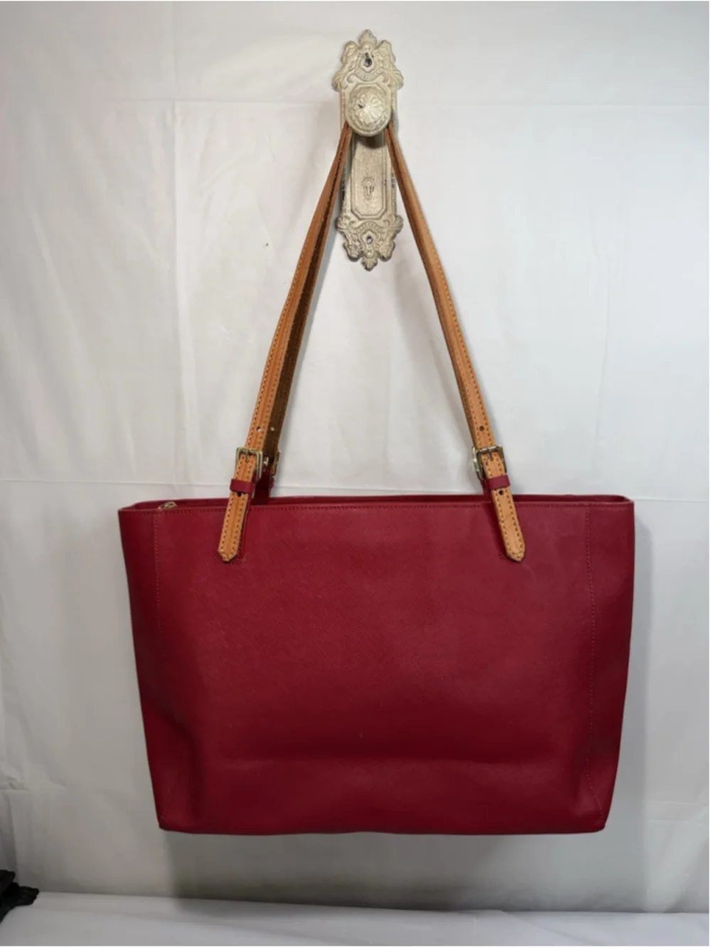 Tory Burch Buckle Large Red Saffiano Leather Laptop Tote Bag Purse new